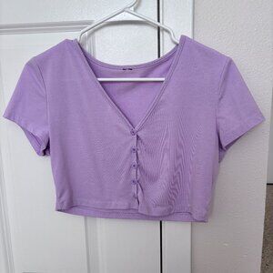 Purple Tight Button Down Crop Top T-Shirt Size S Small